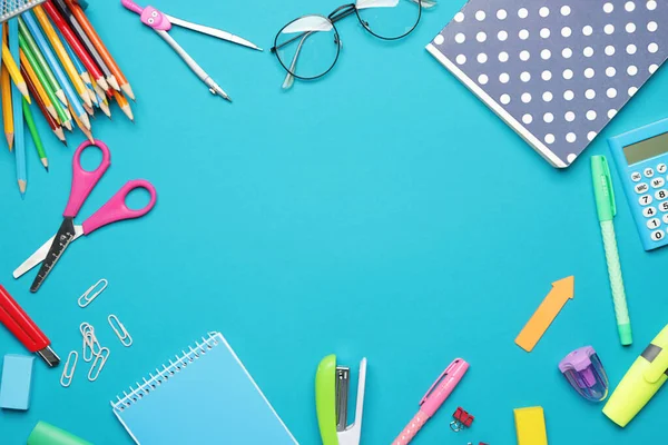 Frame Made School Supplies Color Background — Stock Photo, Image