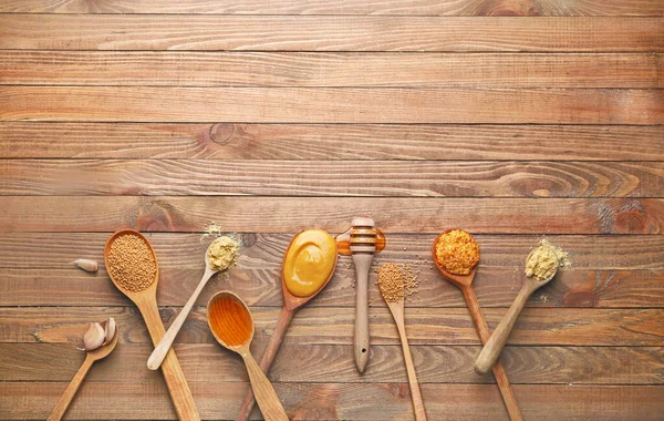 Tasty Honey Mustard Sauce Ingredients Wooden Background — Stock Photo, Image