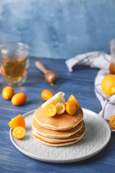 Tasty Pancakes Butter Citrus Fruit Plate — Stock Photo, Image