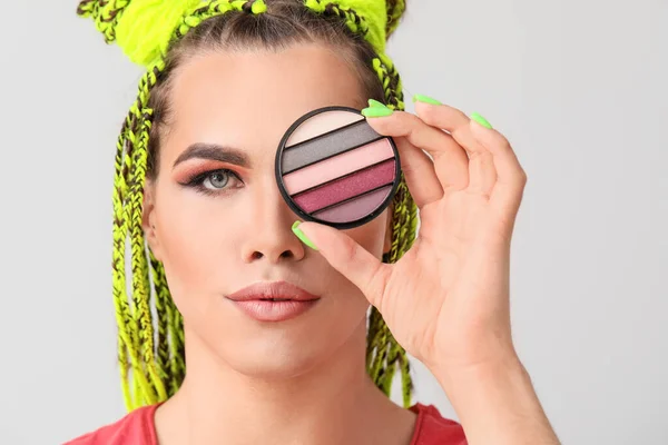 Transgender Makeup Artist Decorative Cosmetics Light Background — Stock Photo, Image
