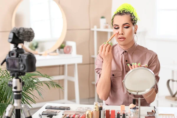 Transgender Beauty Blogger Recording Video Home — Stock Photo, Image