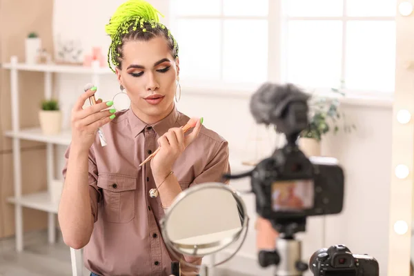 Transgender Beauty Blogger Recording Video Home — Stock Photo, Image