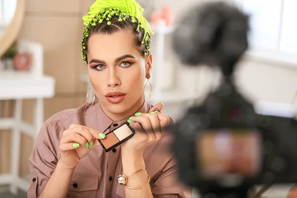 Transgender Beauty Blogger Recording Video Home — Stock Photo, Image