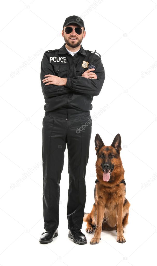 Male police officer with dog on white background