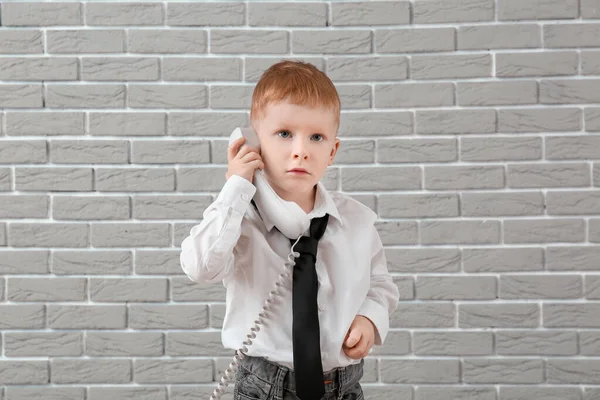 Cute Little Boy Talking Telephone Grey Wall — Stock Photo, Image