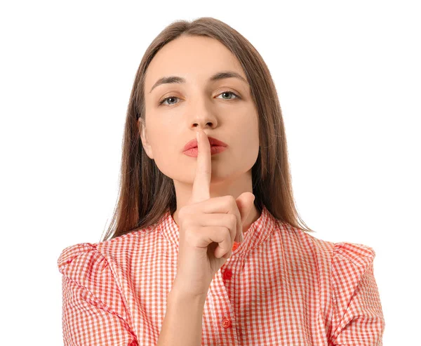 Beautiful Young Woman Showing Silence Gesture White Background — Stock Photo, Image