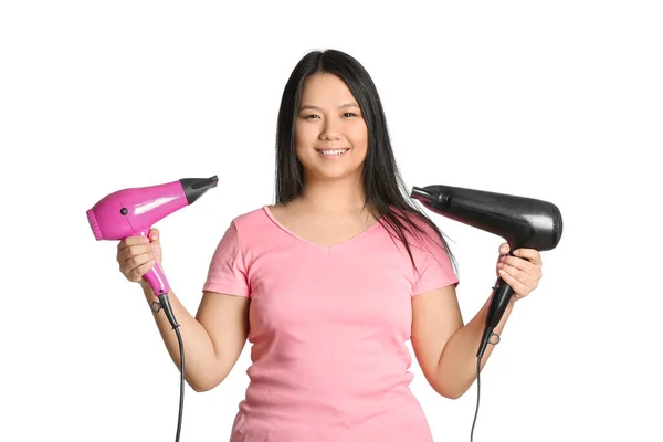 Beautiful Asian Woman Hair Dryers White Background — Stock Photo, Image