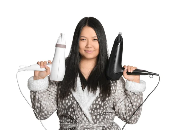 Beautiful Asian Woman Hair Dryers White Background — Stock Photo, Image