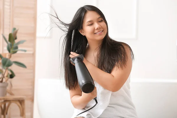 Beautiful Asian Woman Hair Dryer Home — Stock Photo, Image