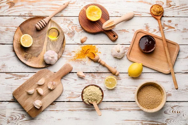 Ingredients Honey Mustard Sauce White Wooden Background — Stock Photo, Image