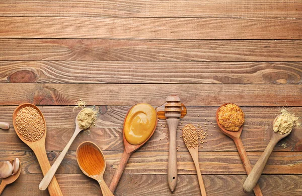 Tasty Honey Mustard Sauce Ingredients Wooden Background — Stock Photo, Image