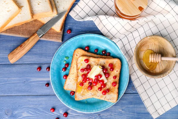 Tasty Toasted Bread Honey Butter Berries Table — Stock Photo, Image