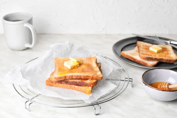 Tasty Toasted Bread Honey Butter Cooling Rack — Stock Photo, Image