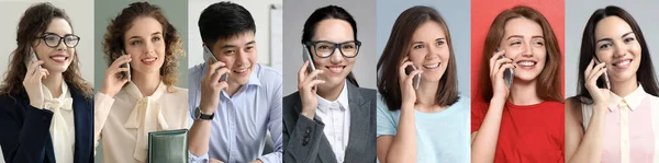 Colagem Fotos Com Pessoas Diferentes Falando Por Telefones Celulares — Fotografia de Stock