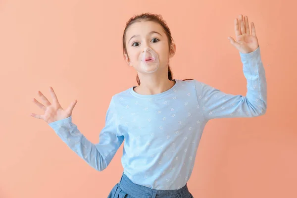 Cute Little Girl Chewing Gum Color Background — Stock Photo, Image