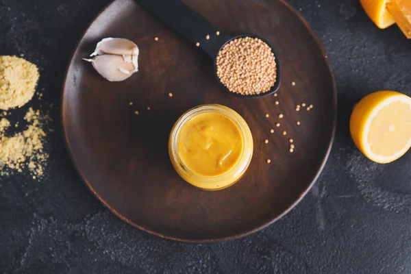 Jar Tasty Honey Mustard Sauce Dark Background — Stock Photo, Image