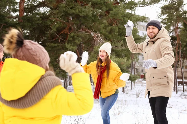 Happy Family Playing Snowballs Park Winter Day — Stock Photo, Image