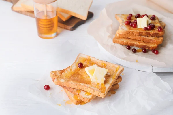 Tasty Toasted Bread Honey Butter Berries Table — Stock Photo, Image