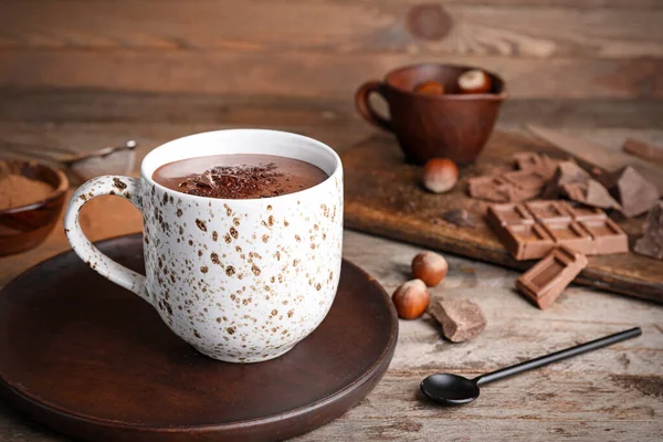 Copo Chocolate Quente Mesa Madeira — Fotografia de Stock