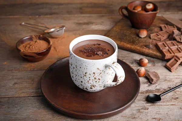 Copo Chocolate Quente Mesa Madeira — Fotografia de Stock