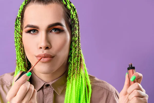 Transgender Woman Applying Makeup Color Background — Stock Photo, Image
