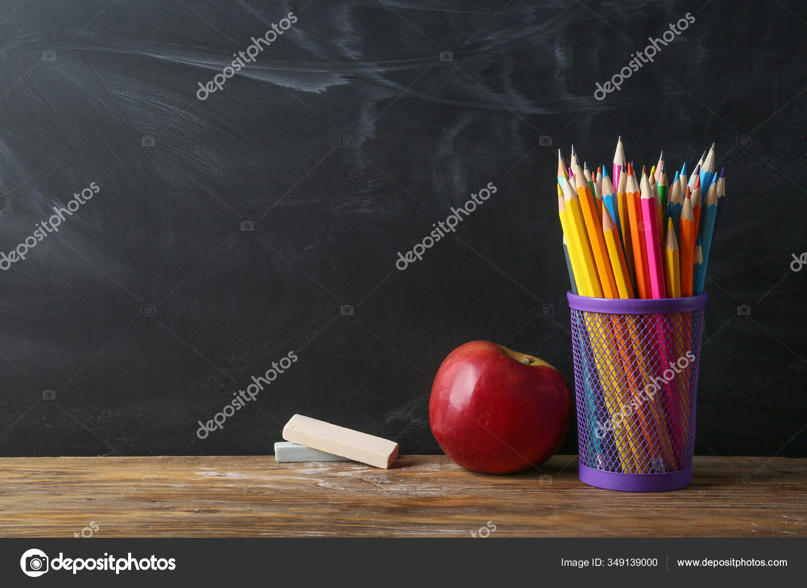 Apple Pencils Chalk Table Classroom Stock Photo by ©serezniy 349139000