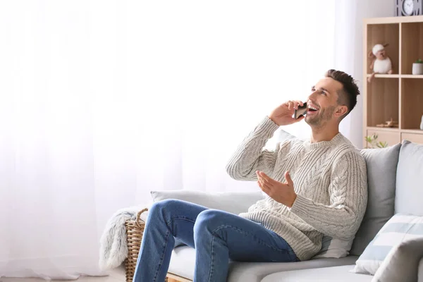Happy Man Talking Mobile Phone Home — Stock Photo, Image