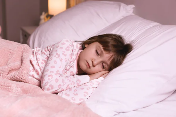 Cute Little Girl Sleeping Bed Night — Stock Photo, Image