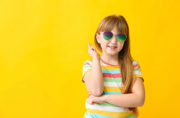 Funny Little Girl Sunglasses Color Background — Stock Photo, Image