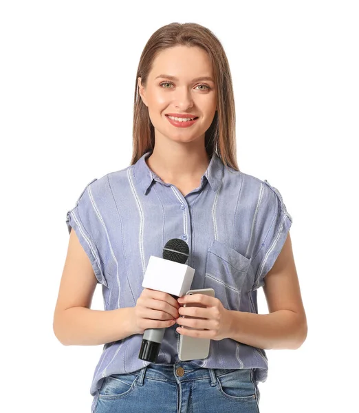 Vrouwelijke Journaliste Witte Achtergrond — Stockfoto