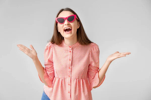 Happy Young Woman Light Background — Stock Photo, Image