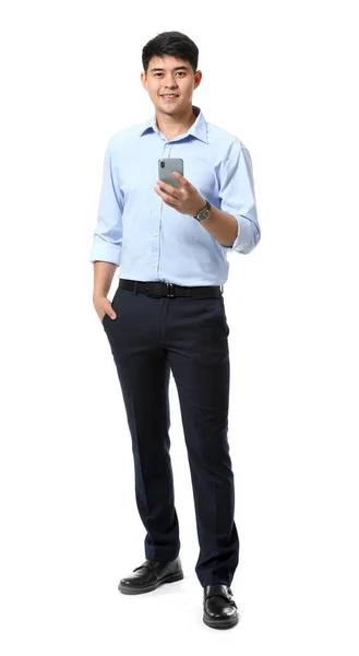 Young Asian Businessman Mobile Phone White Background — Stock Photo, Image