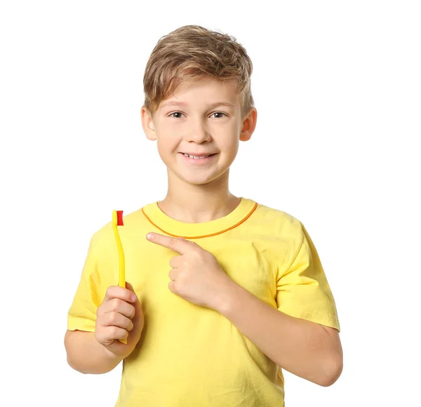 Cute Little Boy Toothbrush White Background — Stock Photo, Image