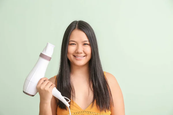 Beautiful Asian Woman Hair Dryer Color Background — Stock Photo, Image