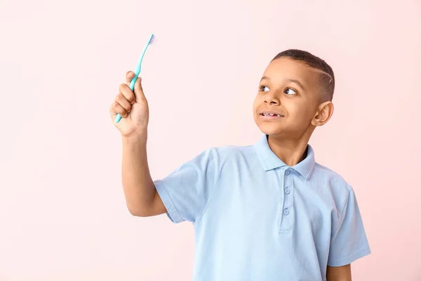 Little African American Boy Tooth Brush Color Background — Stock Photo, Image