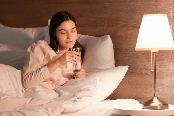 Young Woman Drinking Water Bedroom Night — Stock Photo, Image