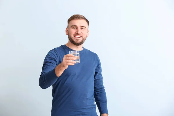 Young Man Glass Water Light Background — Stock Photo, Image