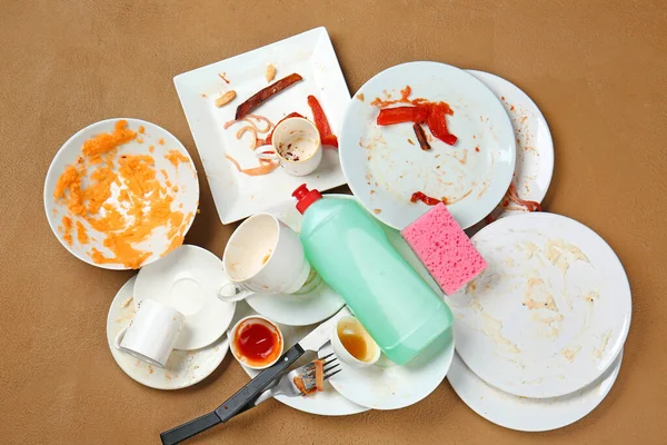 Dirty Empty Tableware Dish Wash Detergent Color Background — Stock Photo, Image