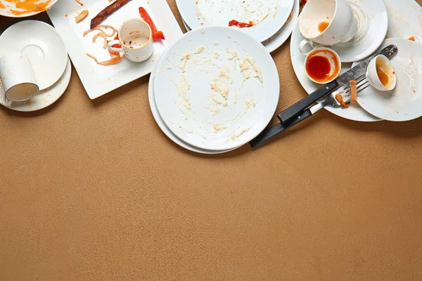 Dirty Empty Tableware Color Background — Stock Photo, Image