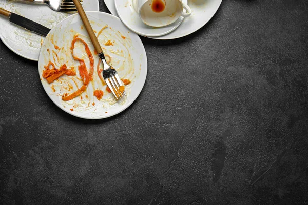 Dirty Empty Tableware Dark Background — Stock Photo, Image