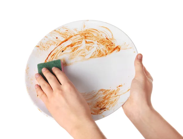 Woman Washing Dirty Plate White Background — Stock Photo, Image