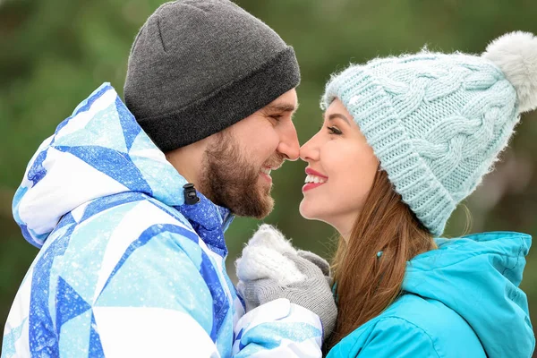 Jovem Casal Feliz Parque Dia Inverno — Fotografia de Stock