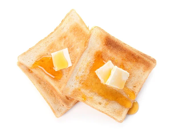Tasty Toasted Bread Honey Butter White Background — Stock Photo, Image