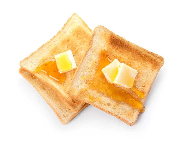 白い背景に蜂蜜とバターとおいしいトーストパン — ストック写真