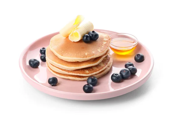 Leckere Pfannkuchen Mit Honig Butter Und Beeren Auf Weißem Hintergrund — Stockfoto