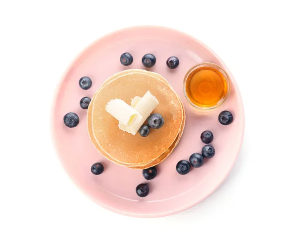 Tasty Pancakes Honey Butter Berries White Background — Stock Photo, Image