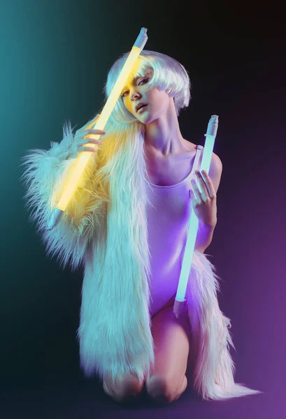Toned Portrait Beautiful Woman Neon Lamps Dark Background — 스톡 사진