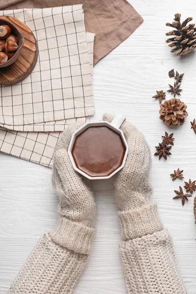 Female Hands Cup Hot Chocolate White Wooden Background — Stock Photo, Image