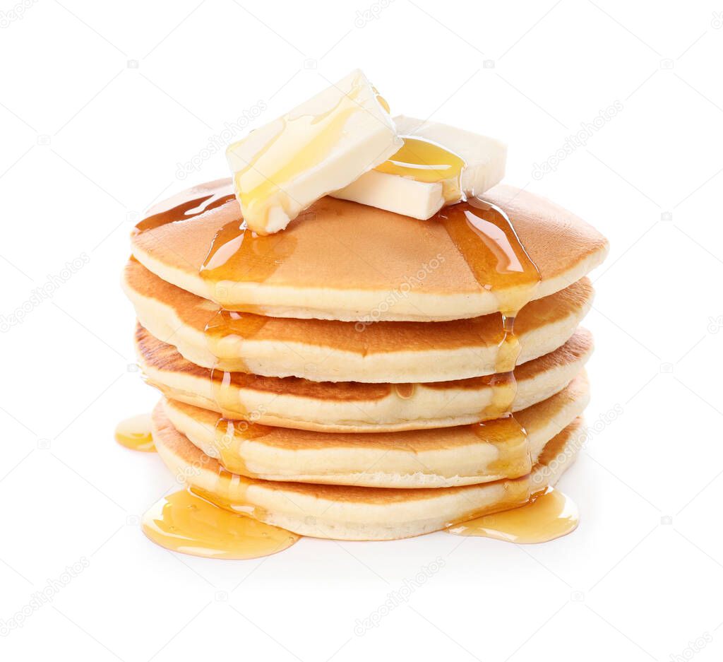 Tasty pancakes with honey and butter on white background
