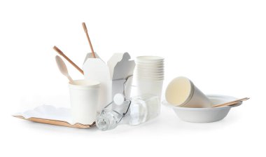 Different garbage on white background. Recycling concept